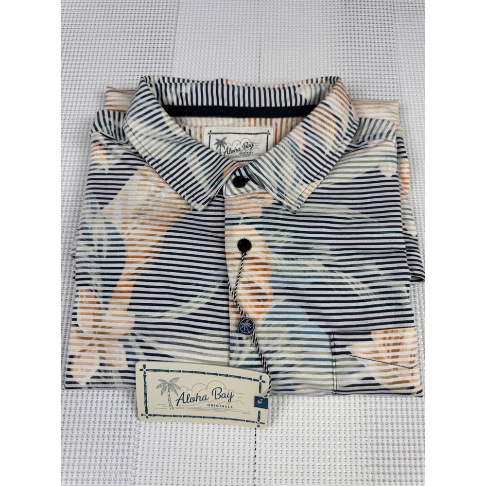 Aloha Bay Mens Large Floral Striped Textured Knit Button Down Shirt Navy New - Picture 13 of 13
